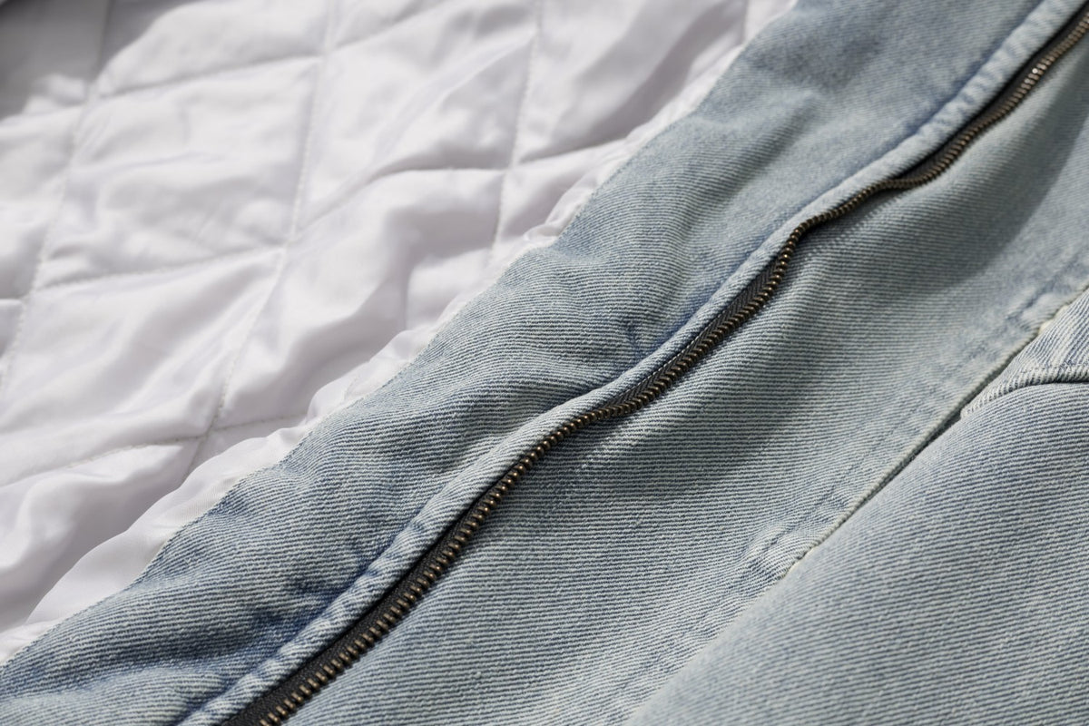 Washed Denim Faux Fur Lined Hooded Bomber Jacket