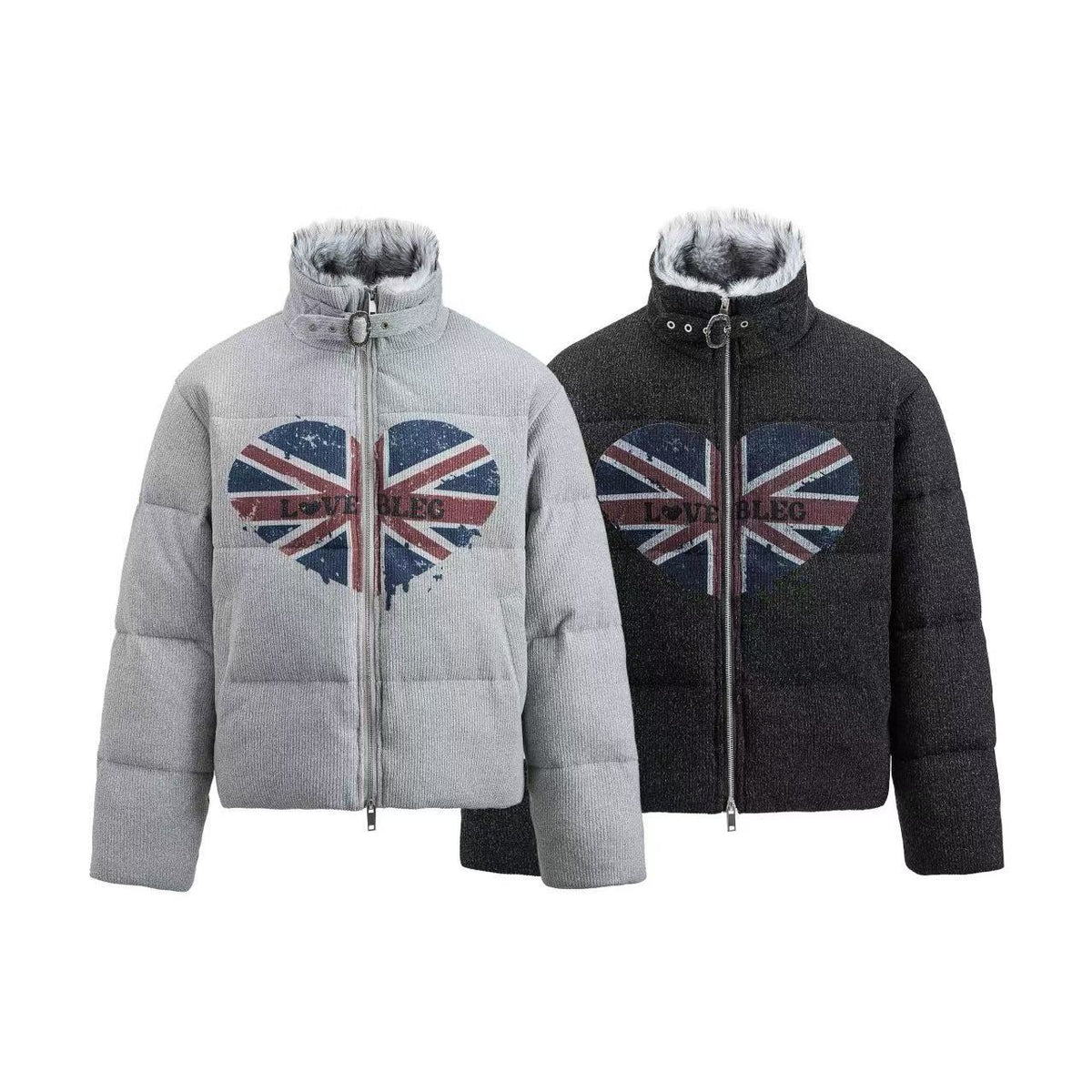 Corduroy Faux Fur Stand Collar Flag Heart Print Zip Puffer Jacket