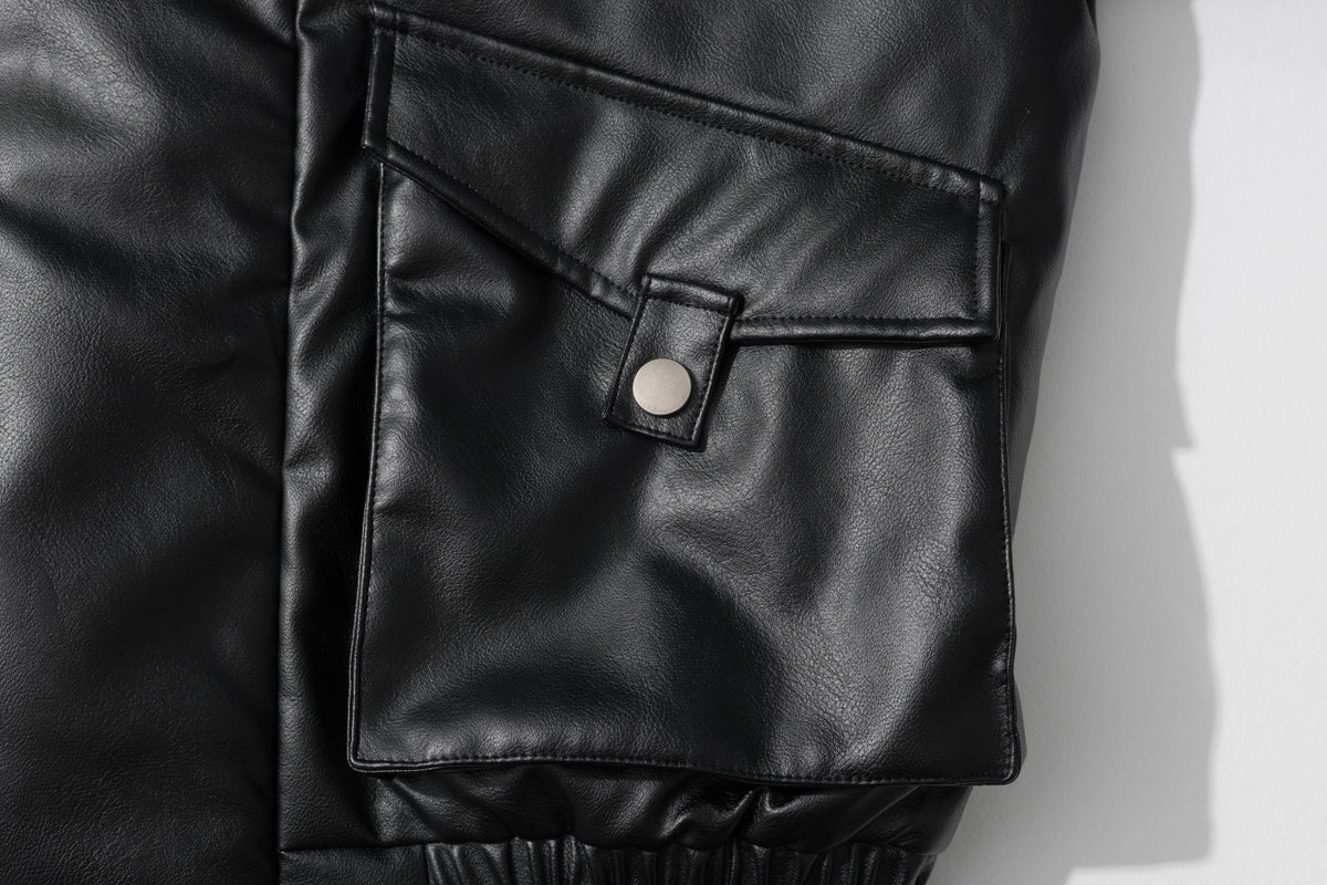 Faux Fur Collar Asymmetric Faux Leather Bomber Jacket