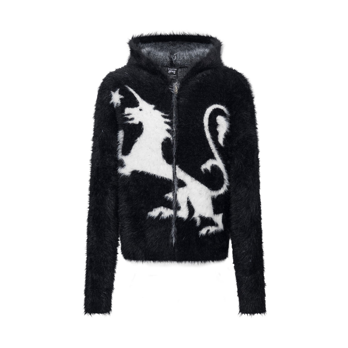 Mythical Beast & Cross Graphic Fuzzy Zip-Up Hooded Sweater