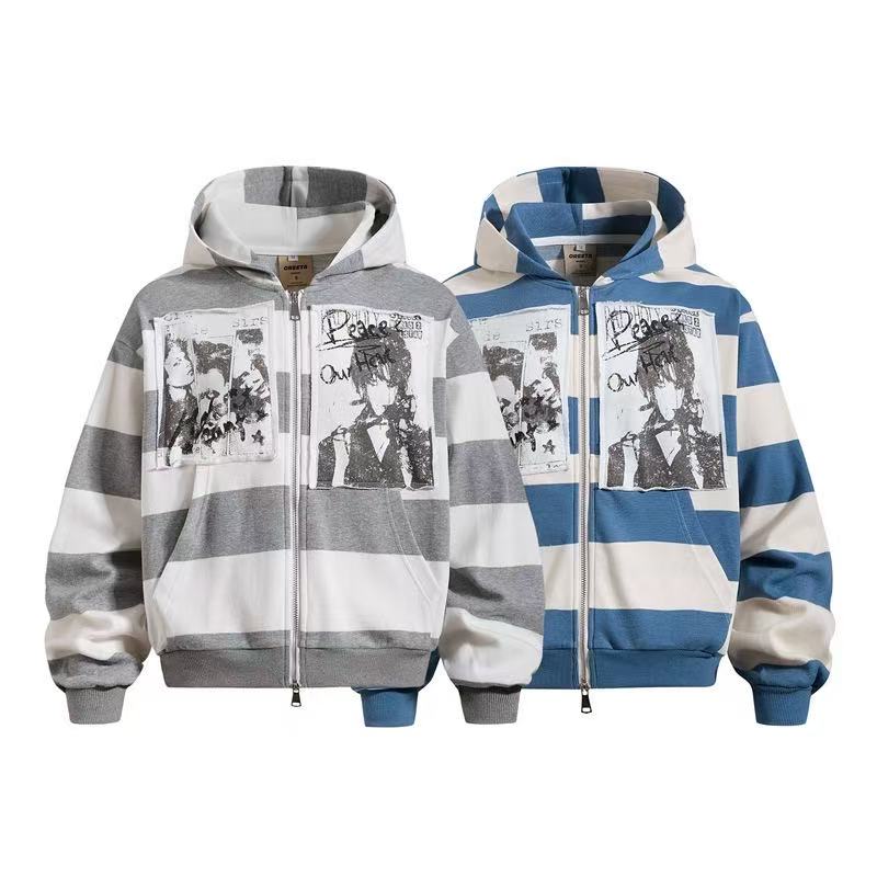 Striped Patchwork Portrait Print Zip-Up Hoodie