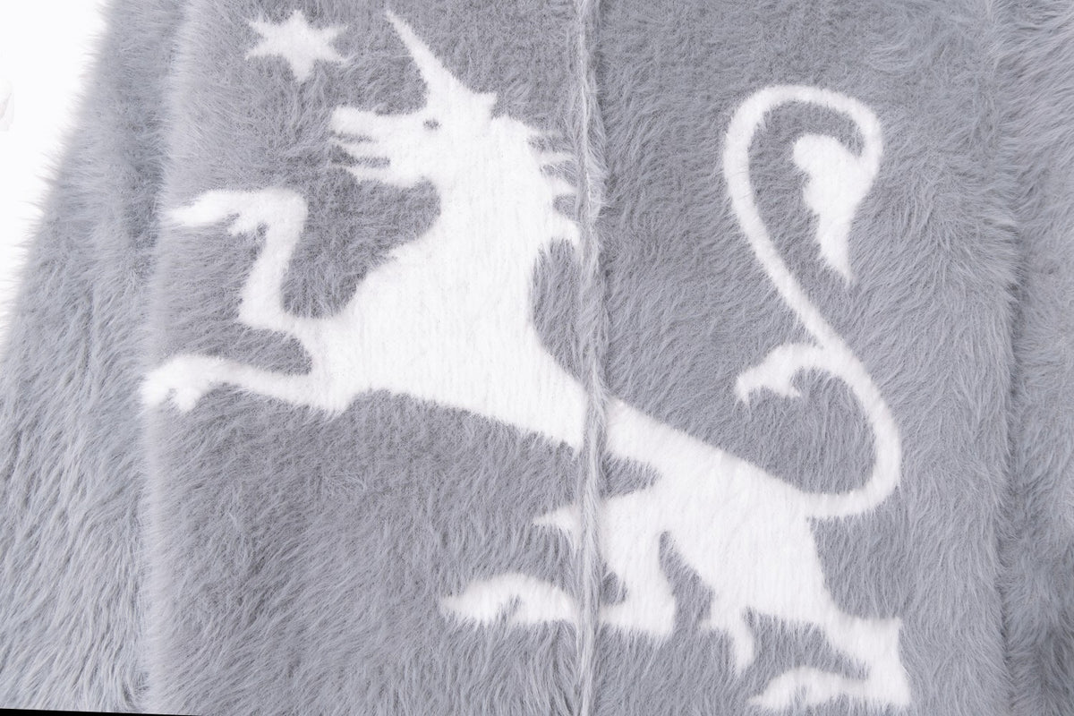 Mythical Beast & Cross Graphic Fuzzy Zip-Up Hooded Sweater