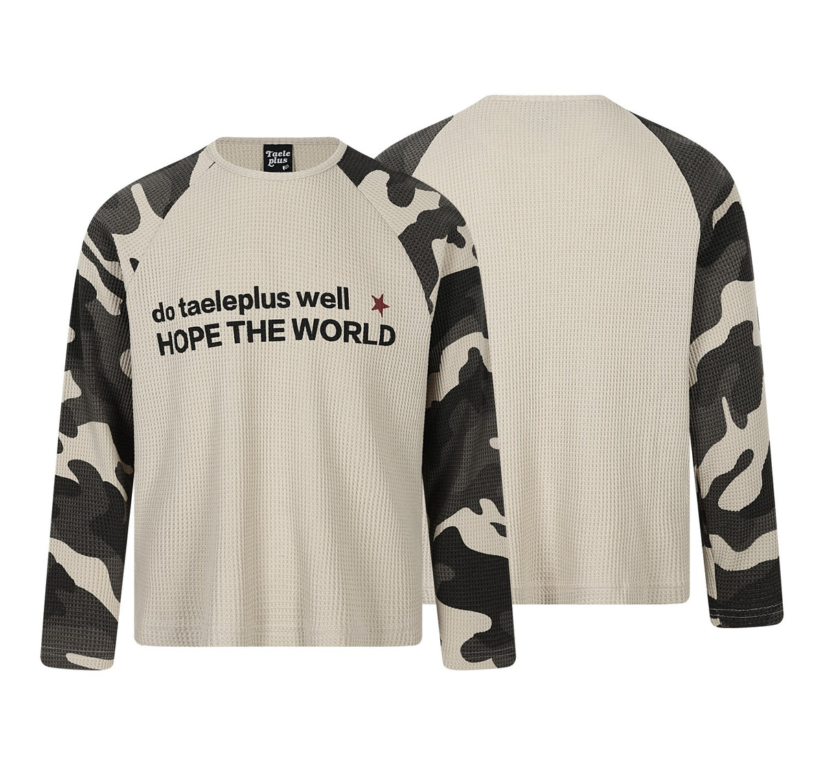 Camo Raglan Spliced Waffle Knit Letter Graphic Long Sleeve