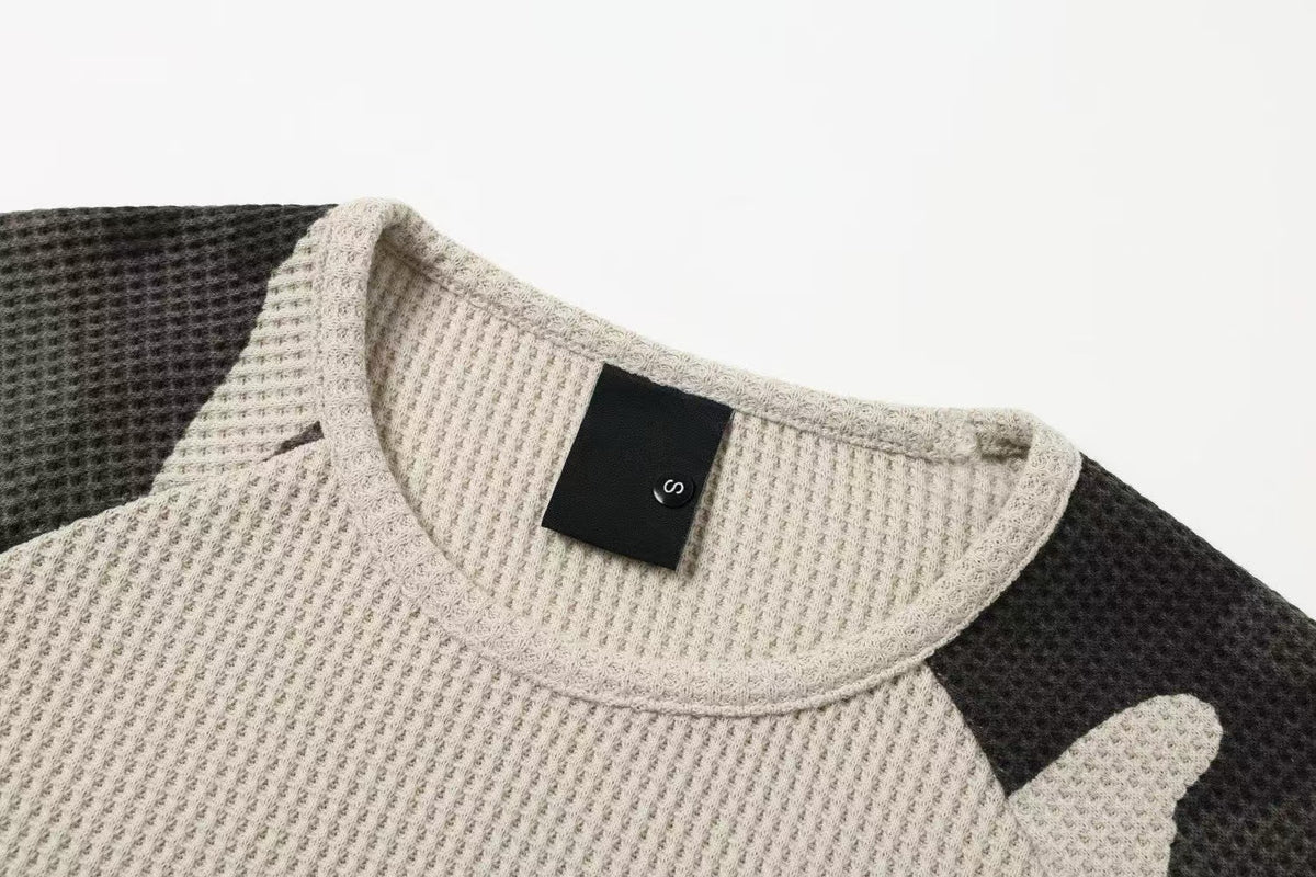 Camo Raglan Spliced Waffle Knit Letter Graphic Long Sleeve