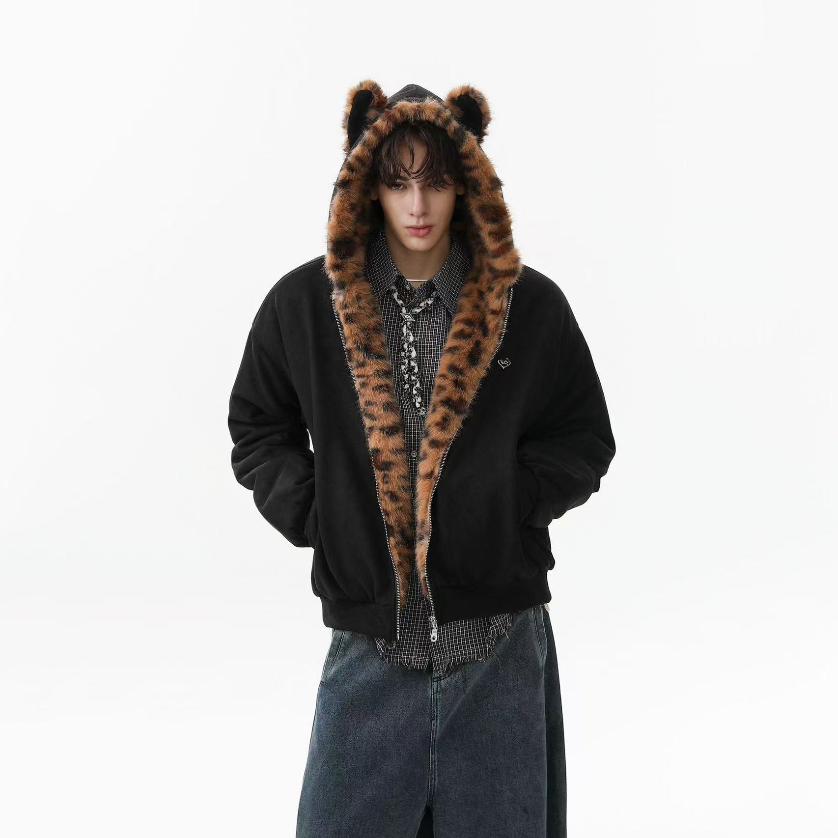 Faux Fur Tiger-Print-Lined Hooded Jacket