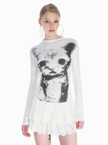 Cat Printed Mid-Neck Shirt