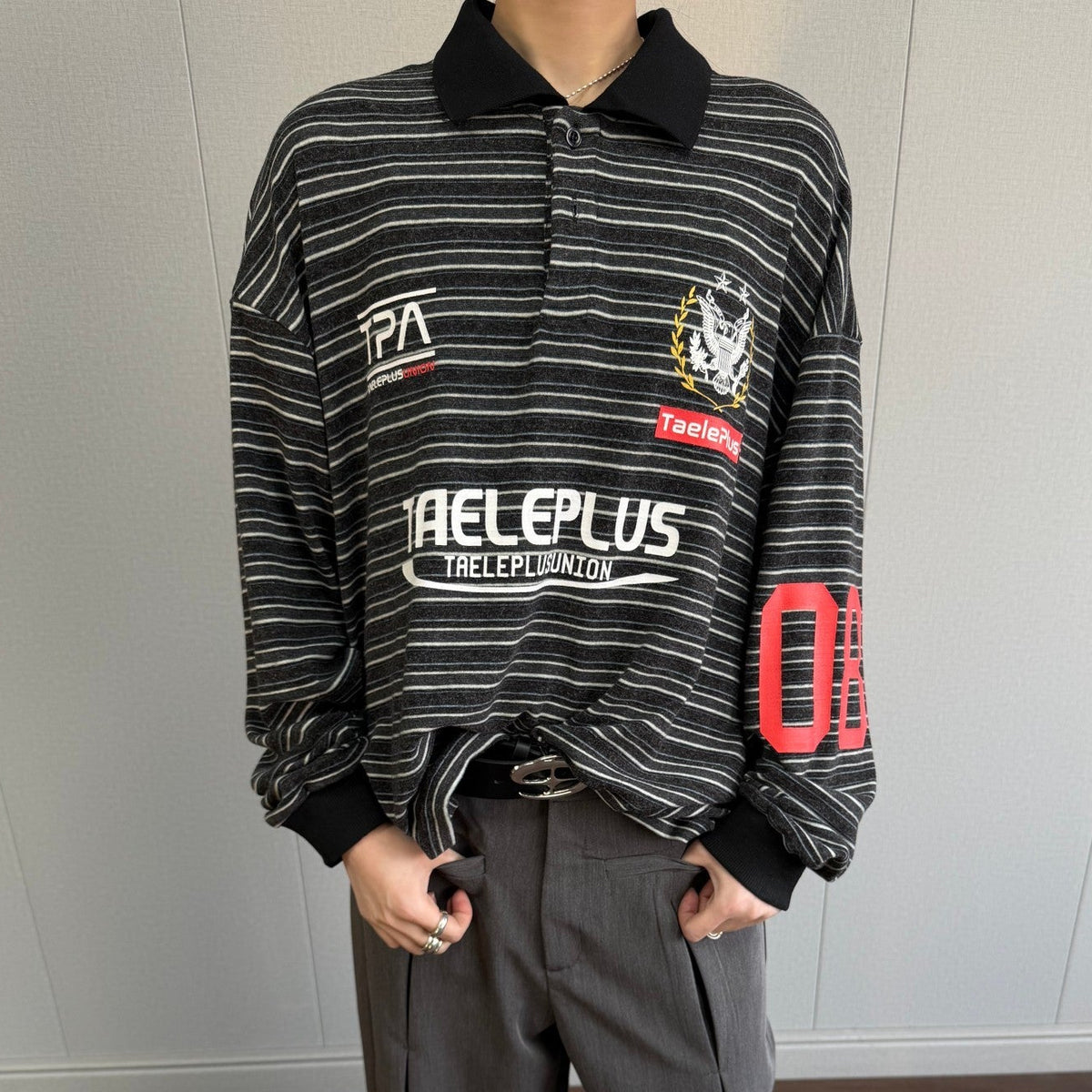 Vintage Stripe Graphic Long Sleeve Polo Sweatshirt