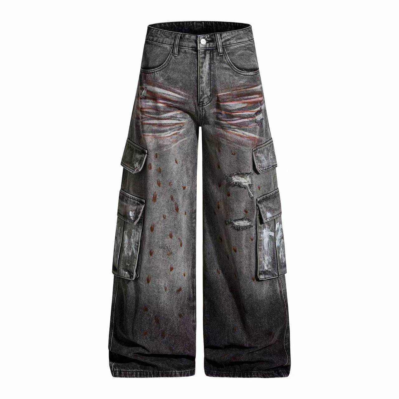 Wasteland-Style Splatter-Bleached Ripped Wide-Leg Jeans