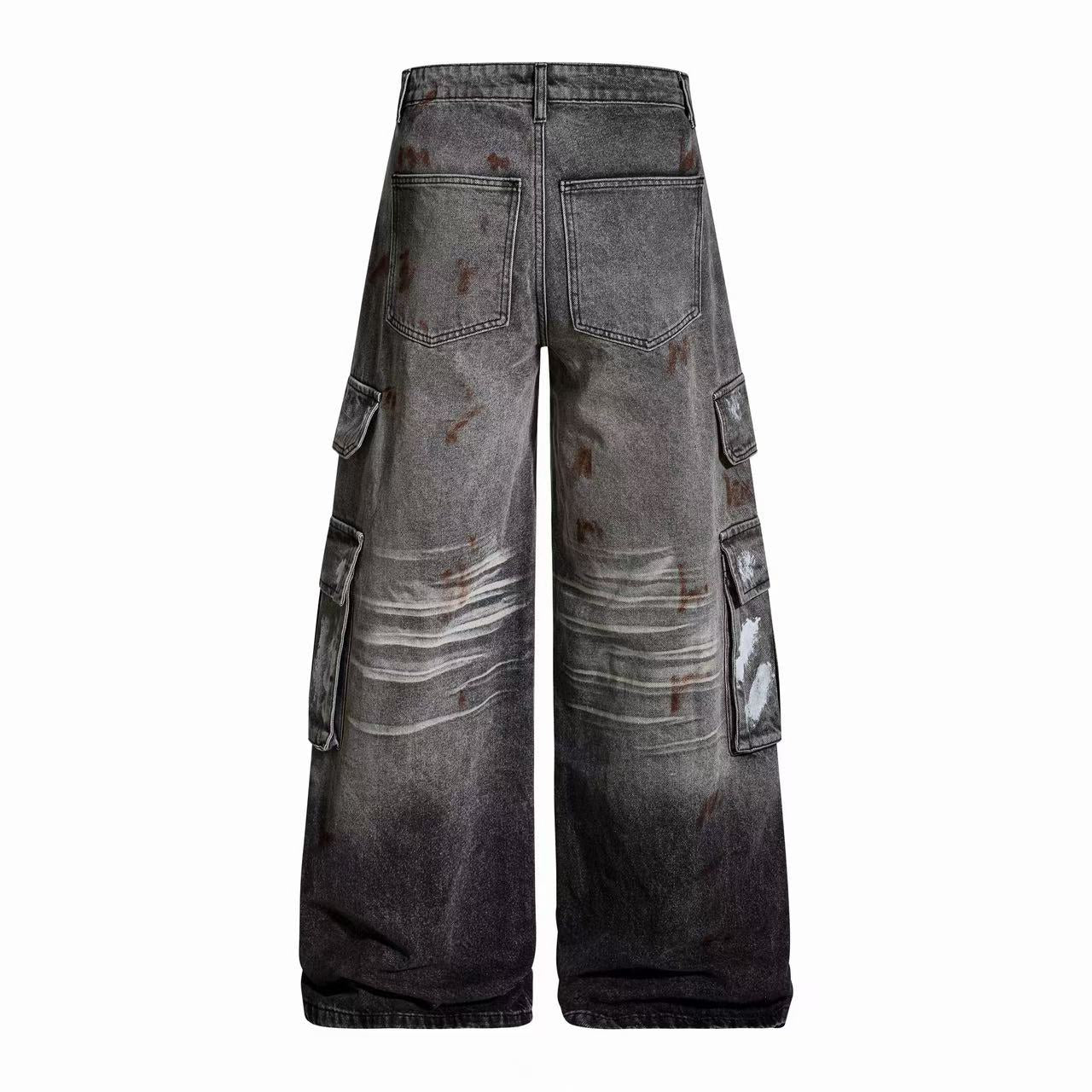 Wasteland-Style Splatter-Bleached Ripped Wide-Leg Jeans