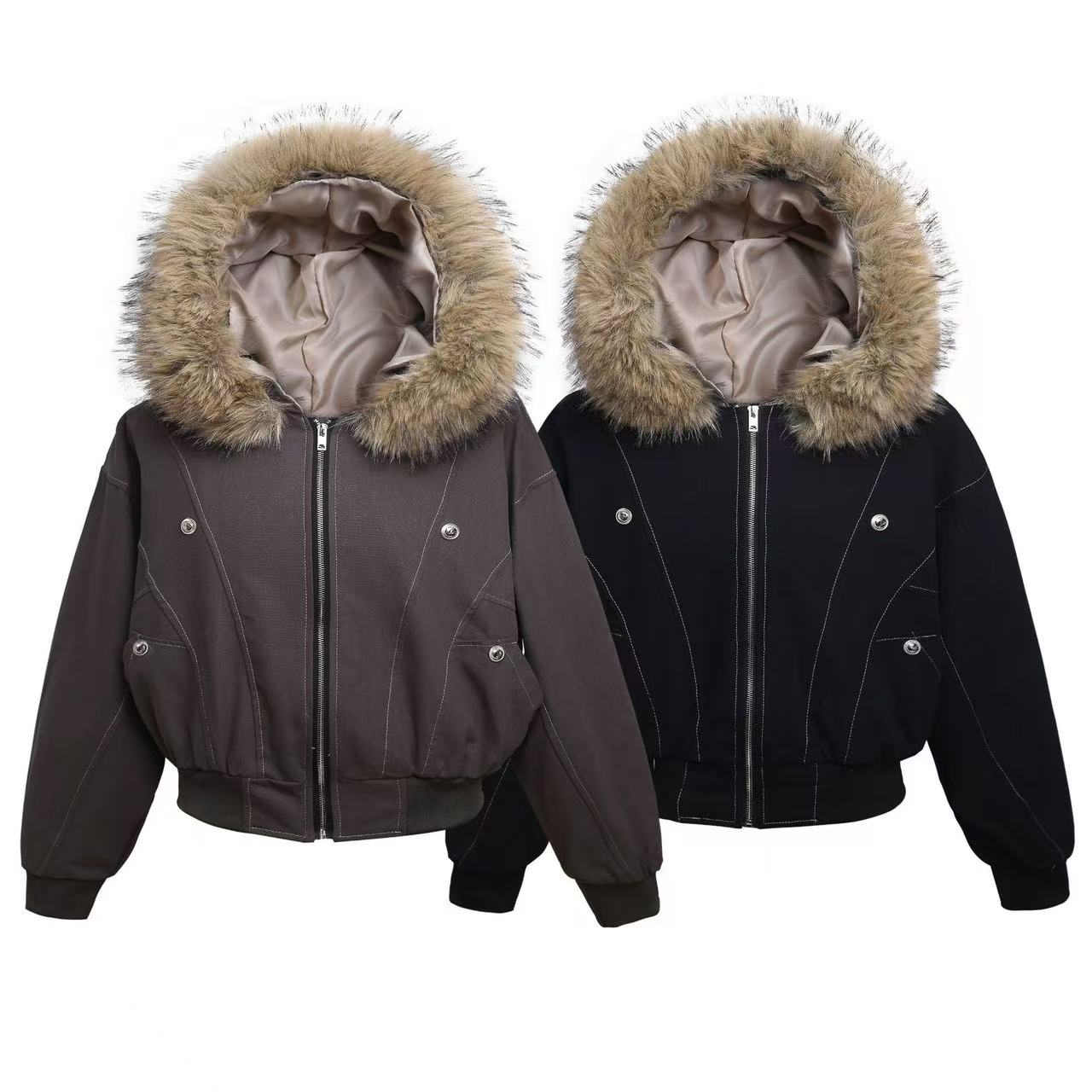 Vintage Top-Stitch Paneled Padded Hooded Jacket
