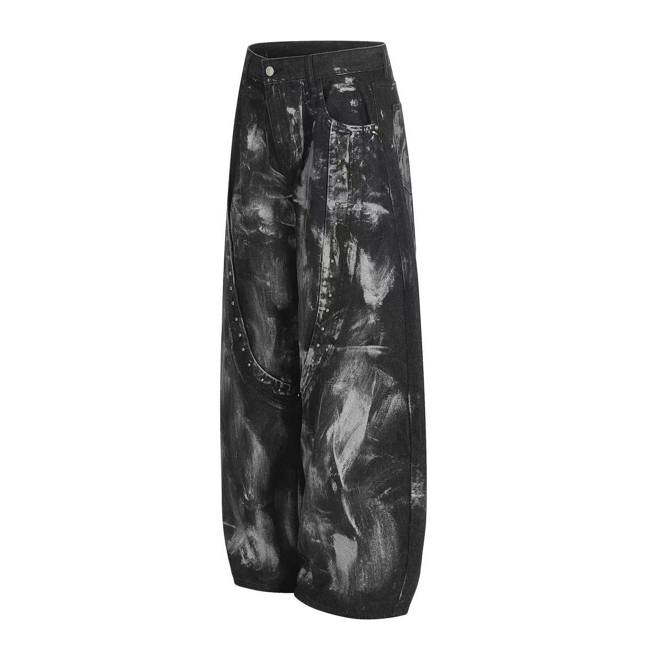 Wasteland-Style Splatter-Bleached Ripped Wide-Leg Jeans