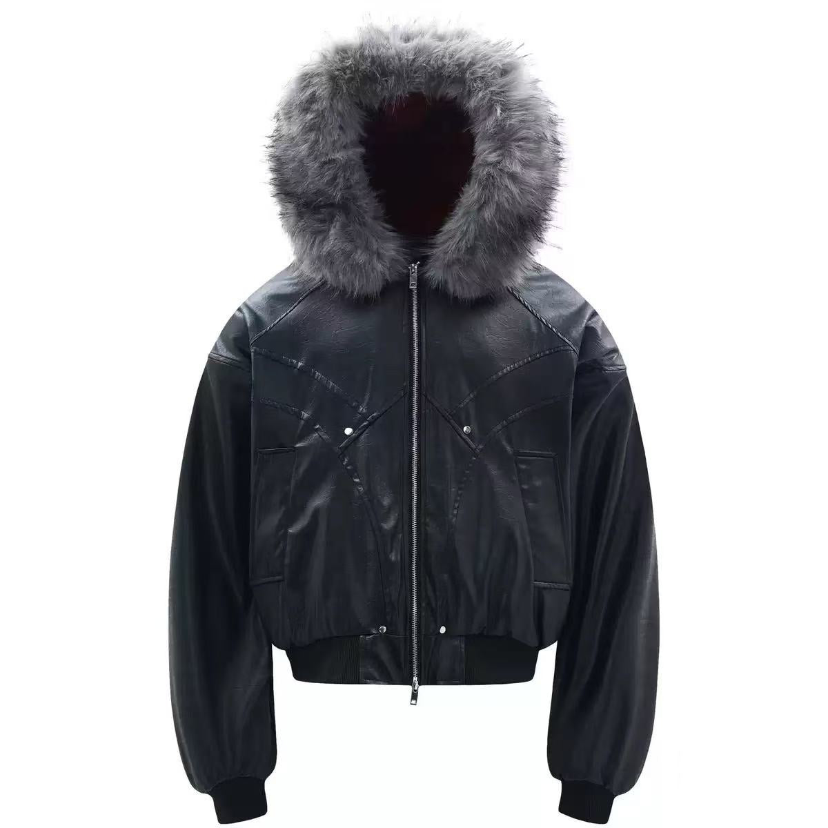 Vintage Pu Leather with Faux-Fur Hooded Jacket
