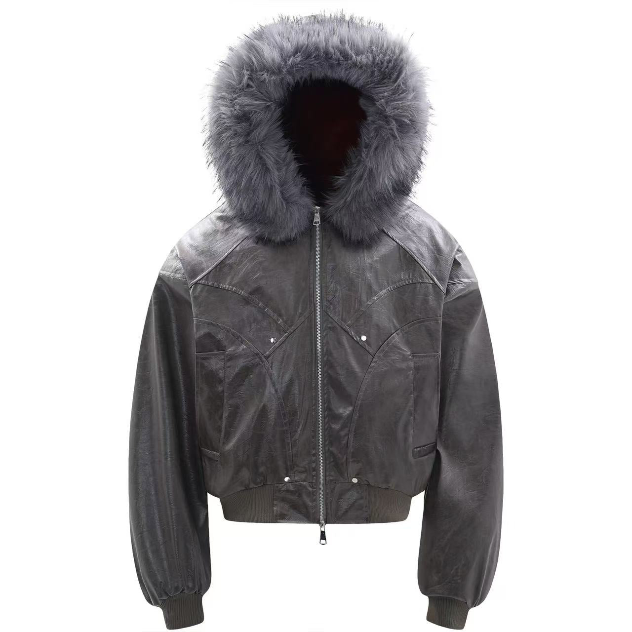 Vintage Pu Leather with Faux-Fur Hooded Jacket