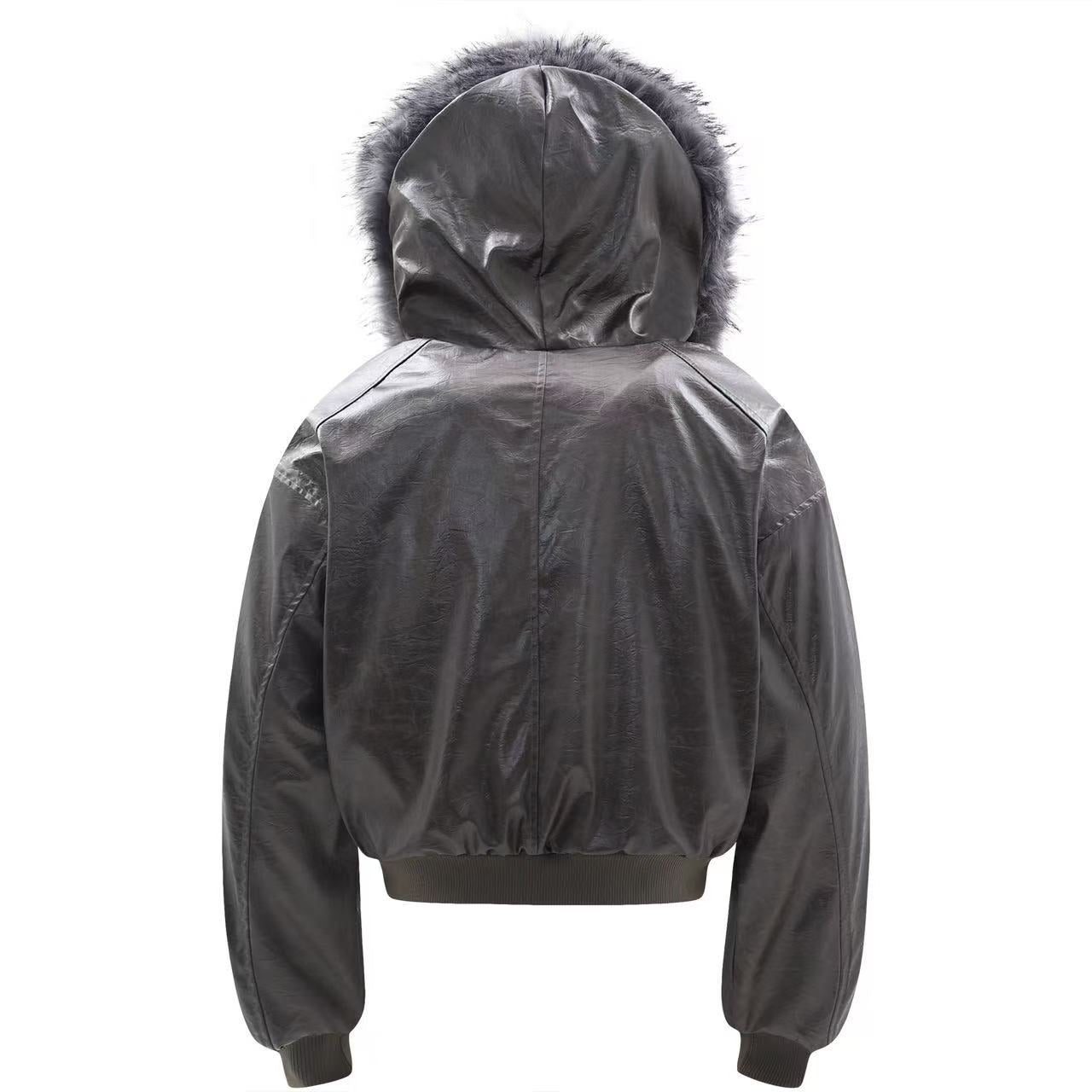 Vintage Pu Leather with Faux-Fur Hooded Jacket