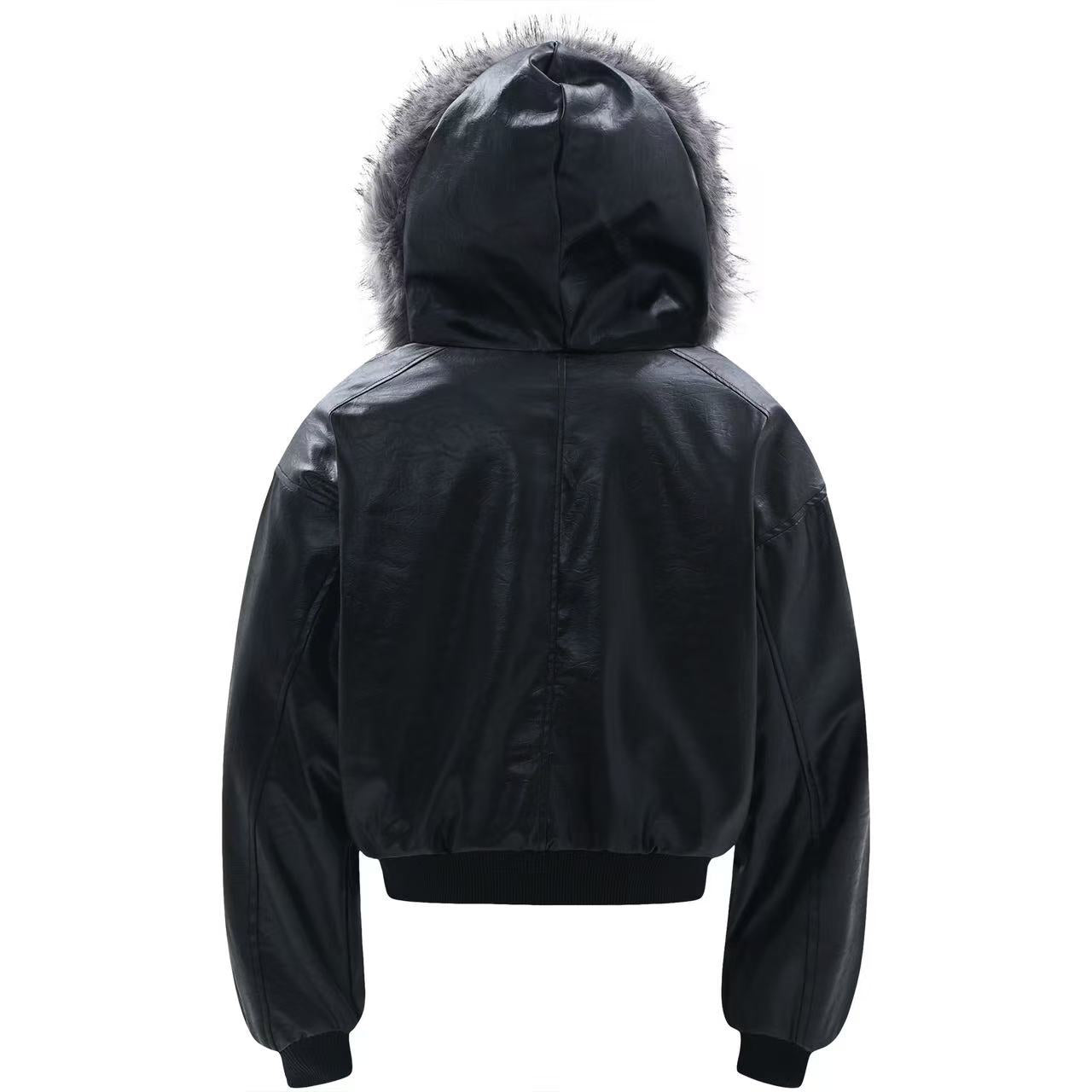 Vintage Pu Leather with Faux-Fur Hooded Jacket