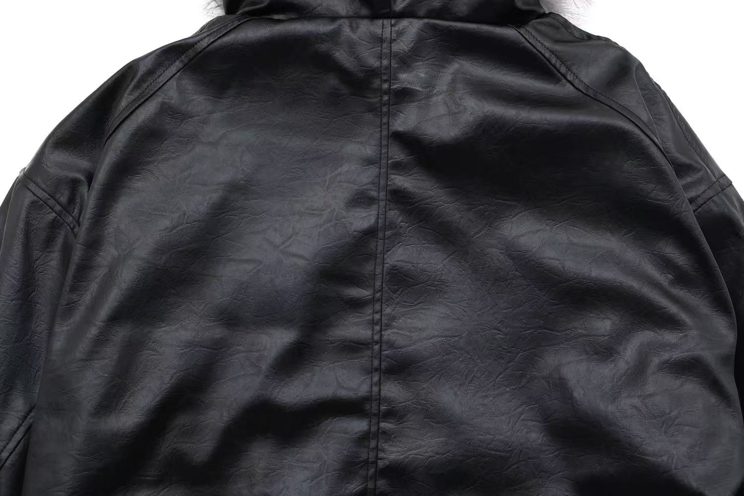 Vintage Pu Leather with Faux-Fur Hooded Jacket