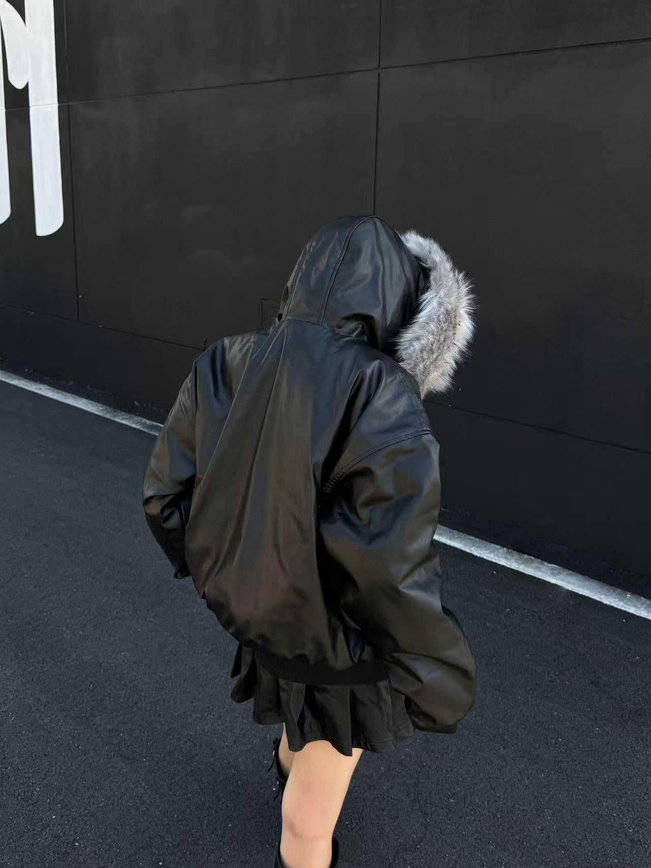 Vintage Pu Leather with Faux-Fur Hooded Jacket