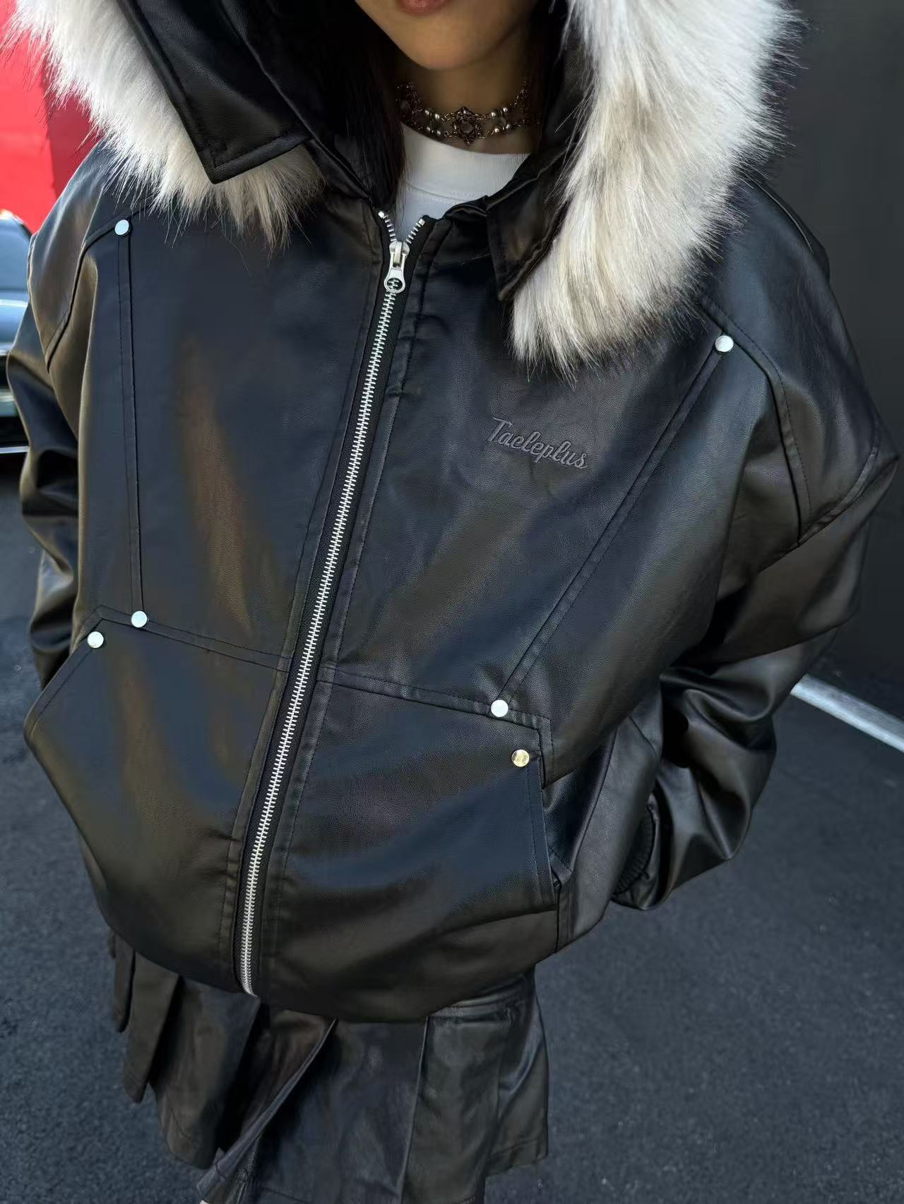 Vintage Pu Leather with Faux-Fur Hooded Jacket