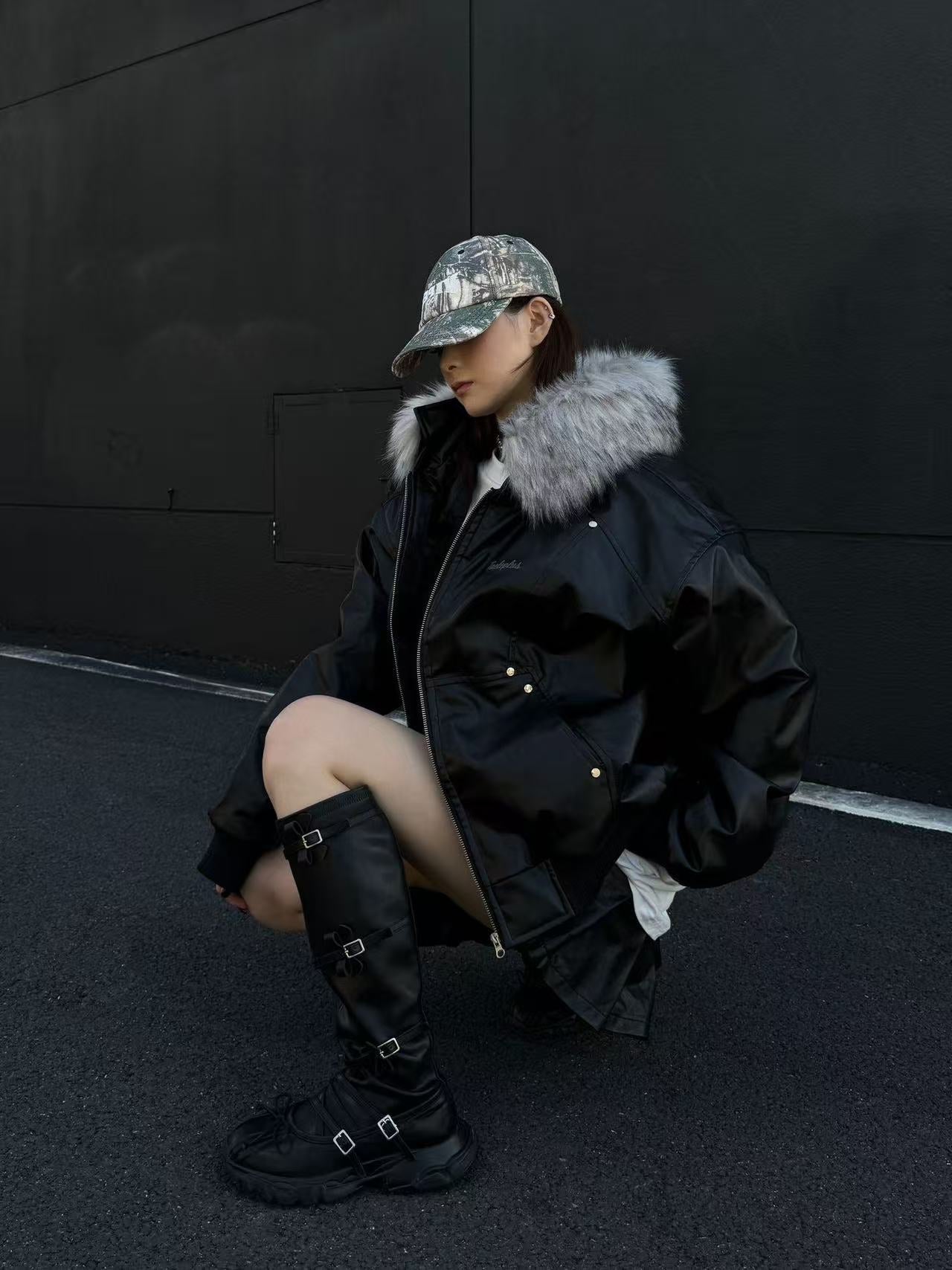 Vintage Pu Leather with Faux-Fur Hooded Jacket