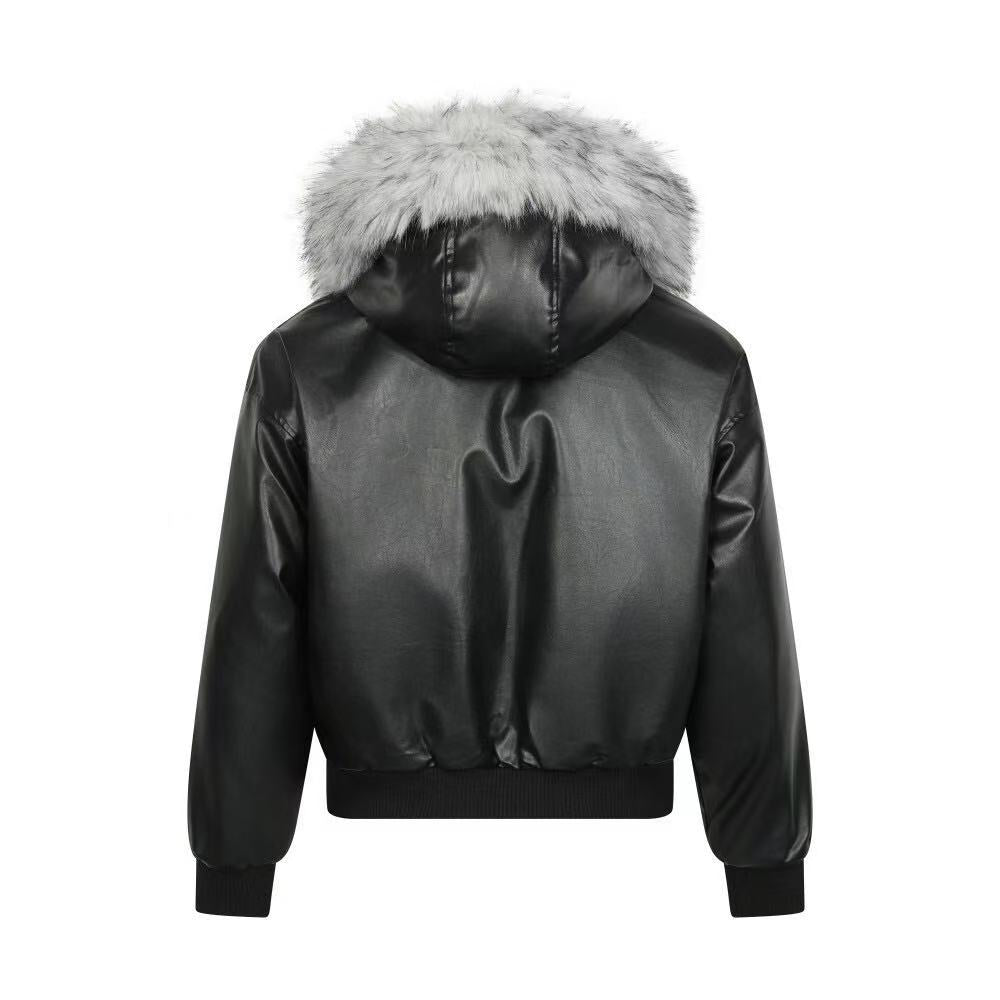 Vintage Pu Leather with Faux-Fur Hooded Jacket