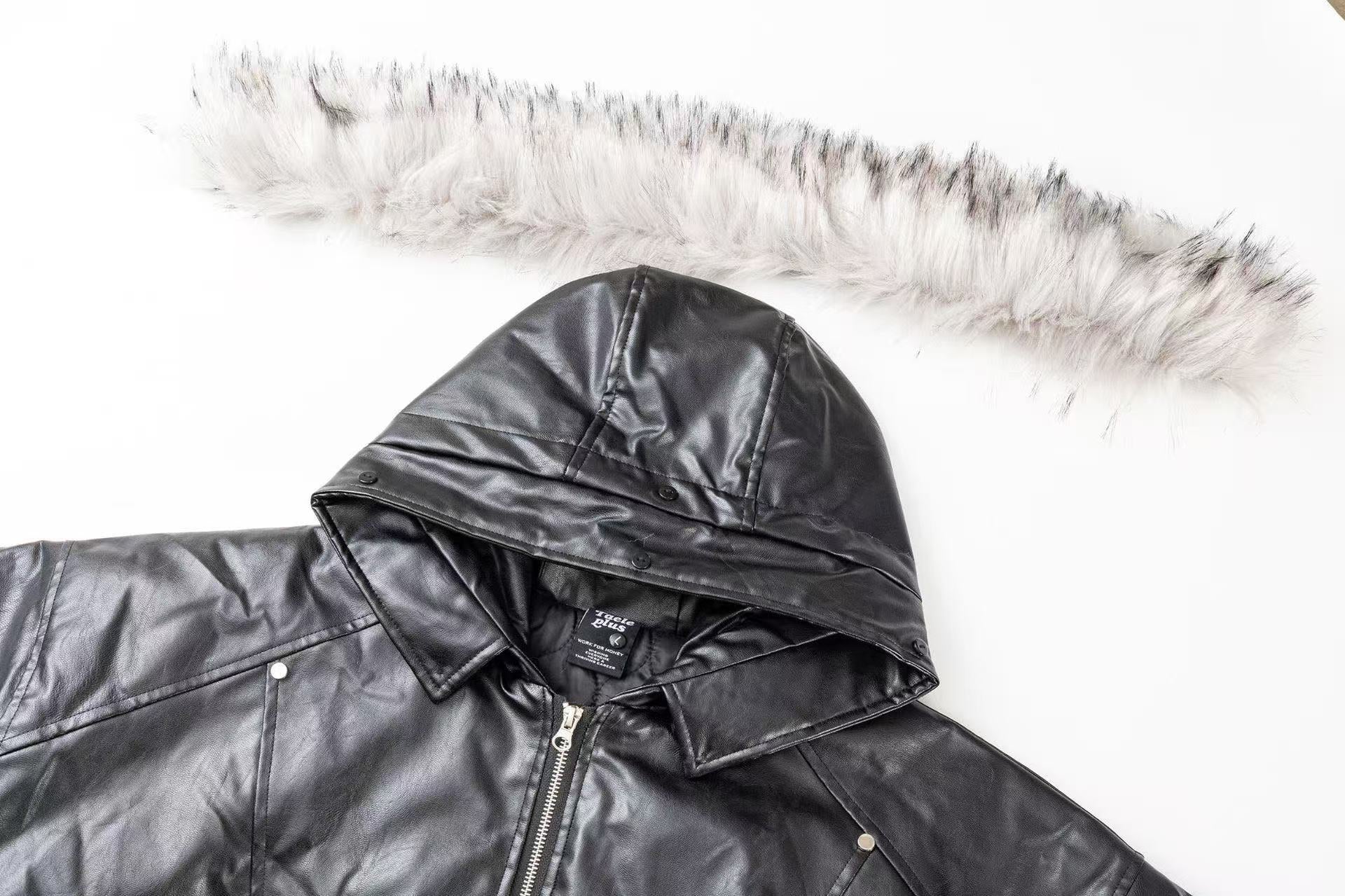 Vintage Pu Leather with Faux-Fur Hooded Jacket