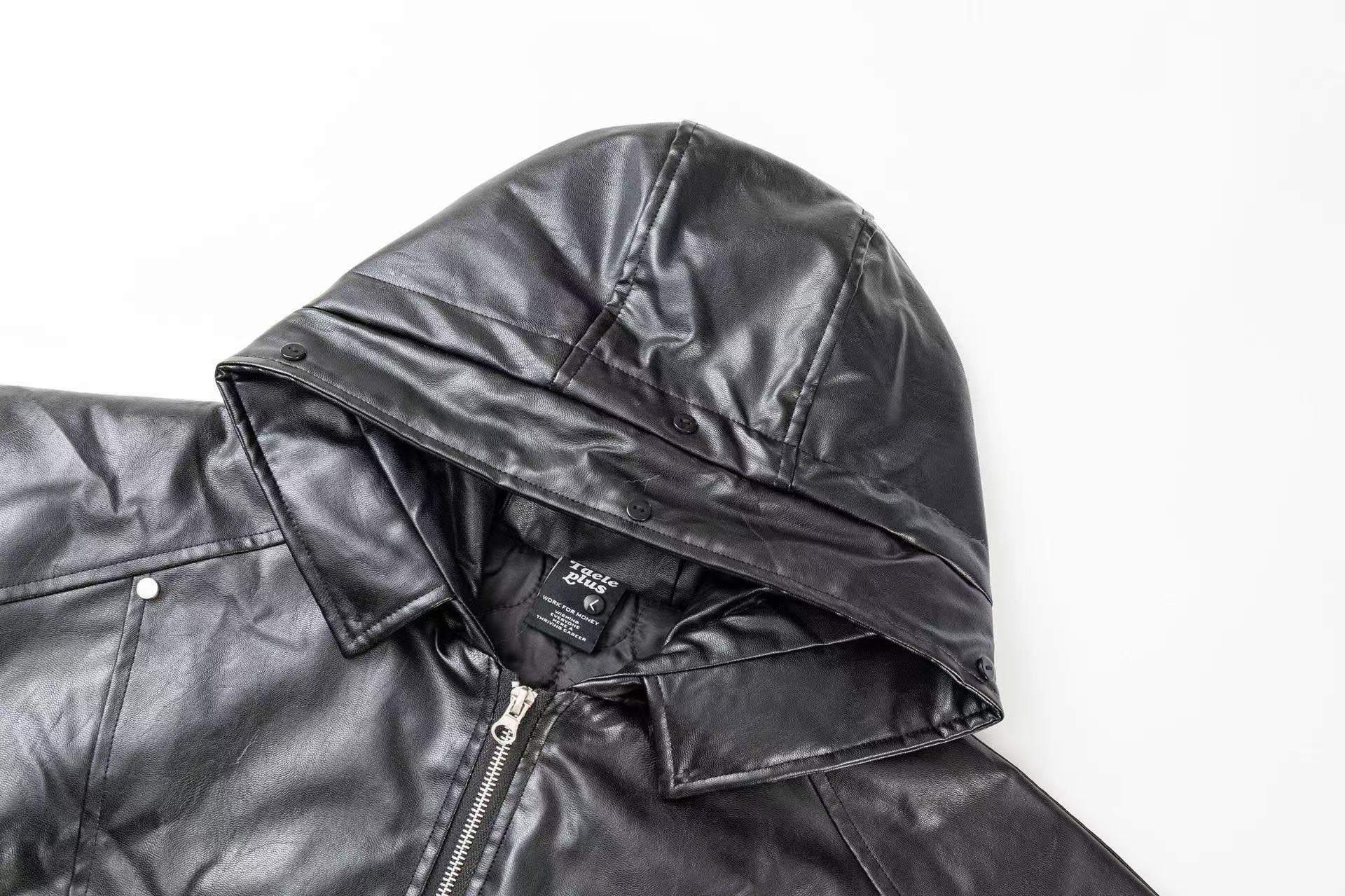 Vintage Pu Leather with Faux-Fur Hooded Jacket