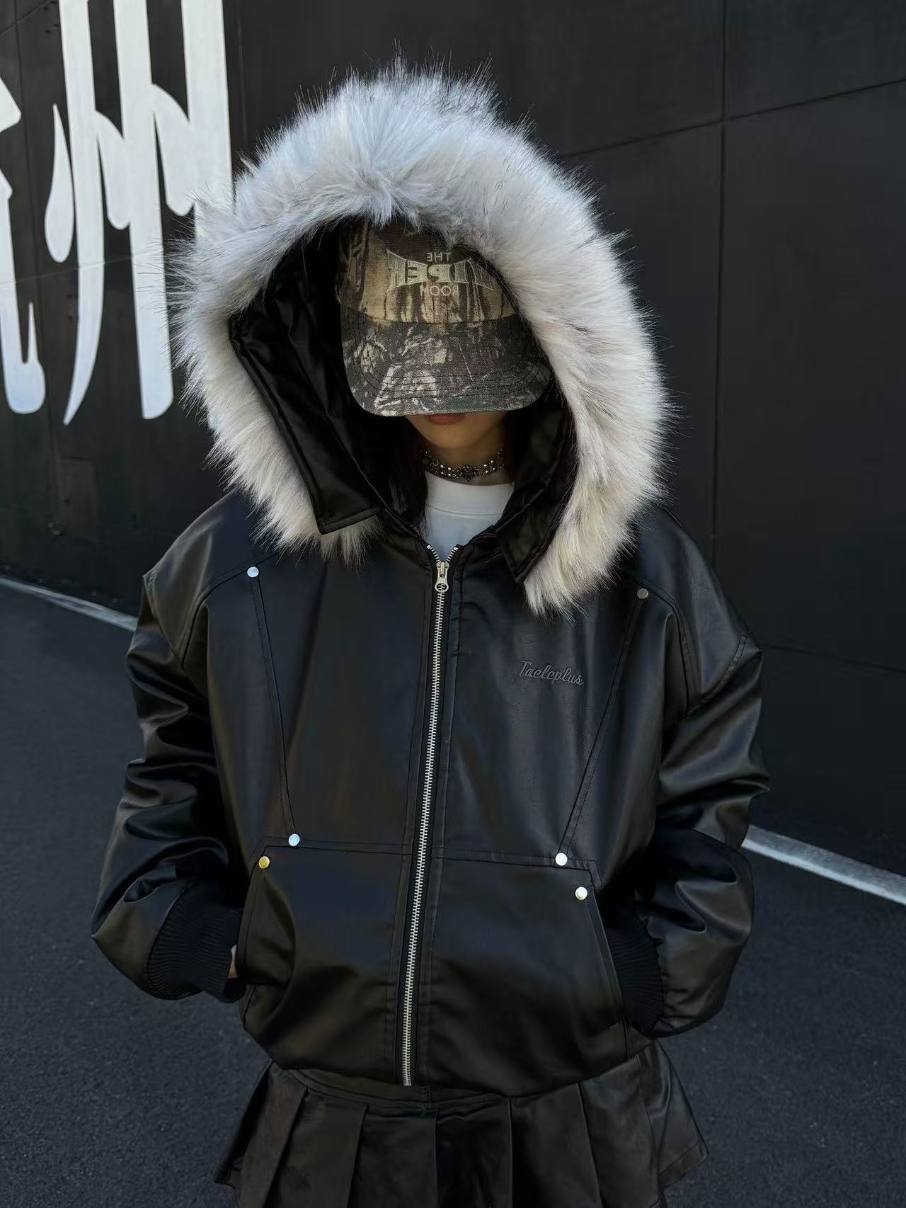 Vintage Pu Leather with Faux-Fur Hooded Jacket