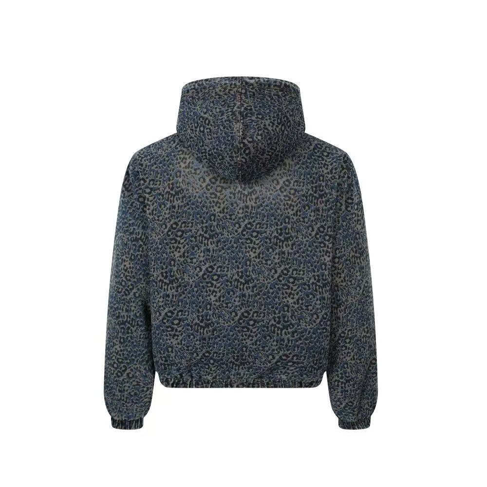 Blue Leopard-Print Faux-Fur Hooded Jacket