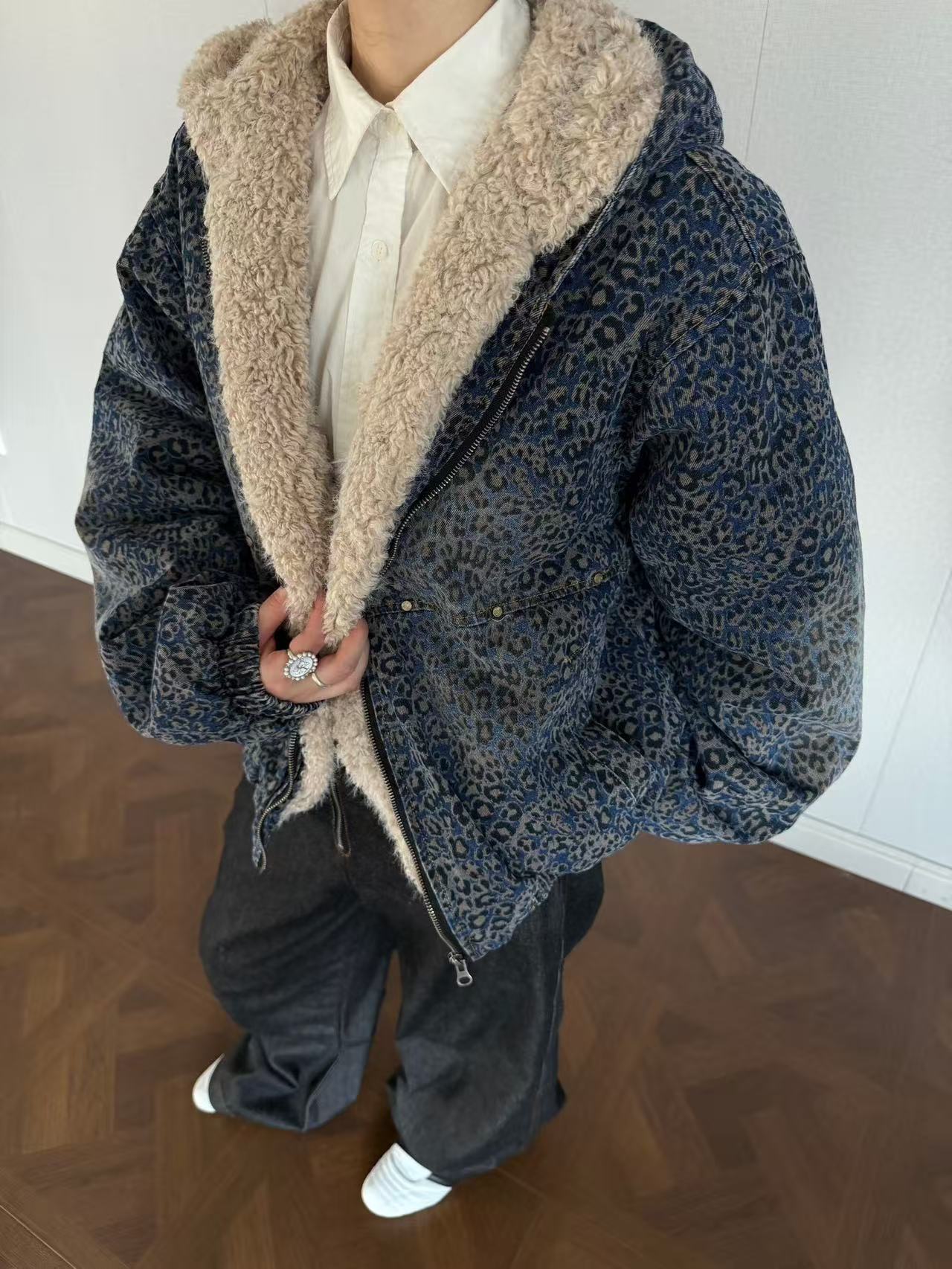 Blue Leopard-Print Faux-Fur Hooded Jacket