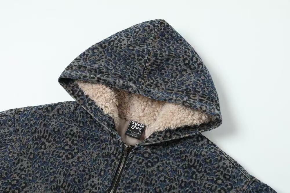Blue Leopard-Print Faux-Fur Hooded Jacket