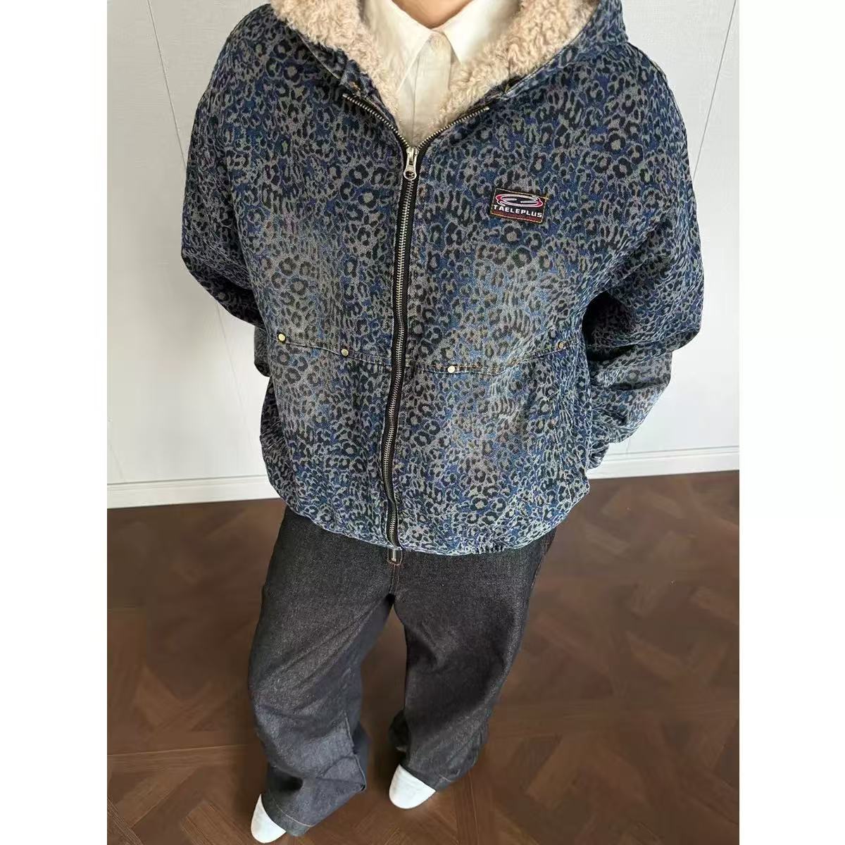 Blue Leopard-Print Faux-Fur Hooded Jacket
