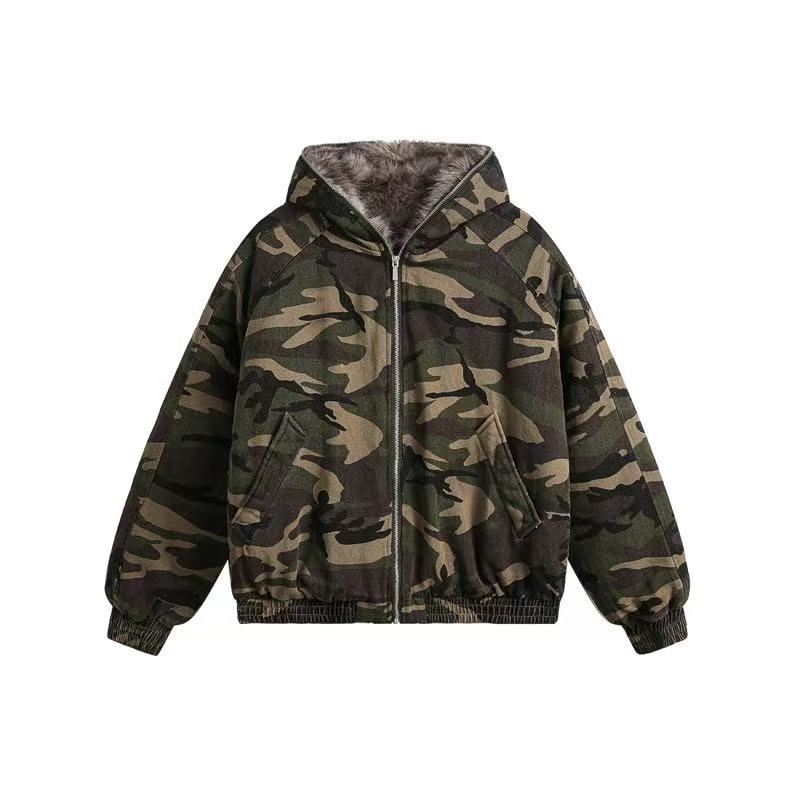 Vintage Camo Fur Collar Hooded Jacket