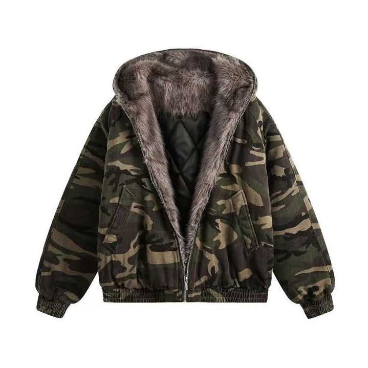 Vintage Camo Fur Collar Hooded Jacket