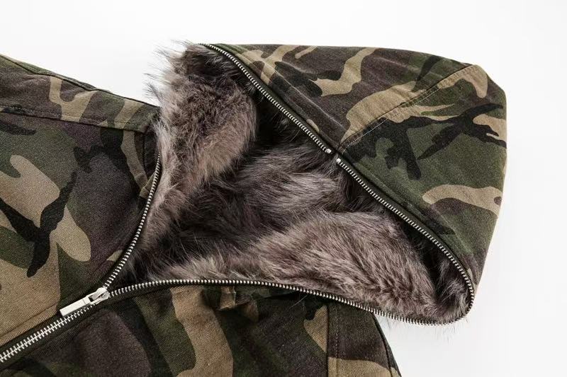 Vintage Camo Fur Collar Hooded Jacket