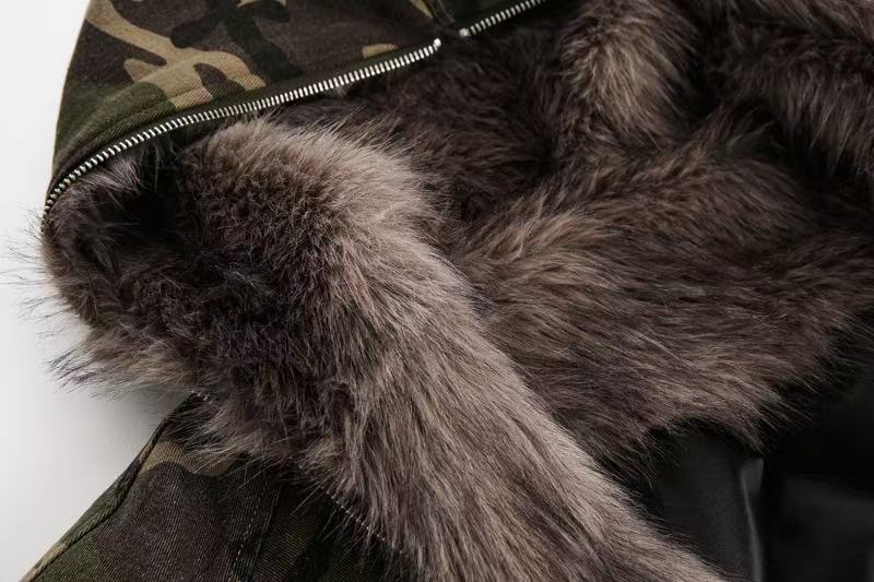 Vintage Camo Fur Collar Hooded Jacket
