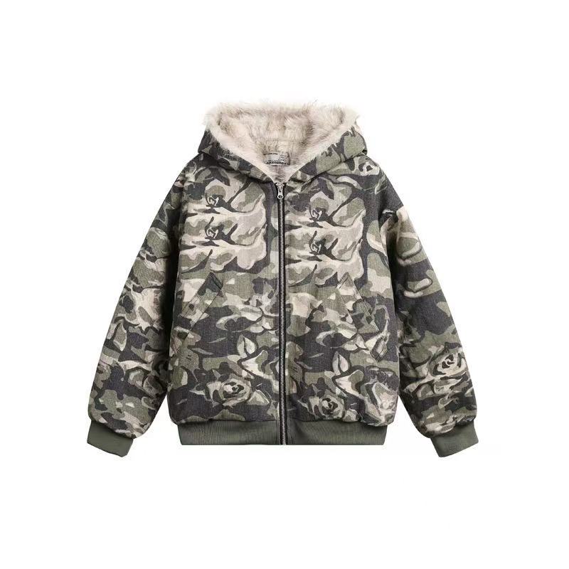 Vintage Camo Fur Collar Hooded Jacket