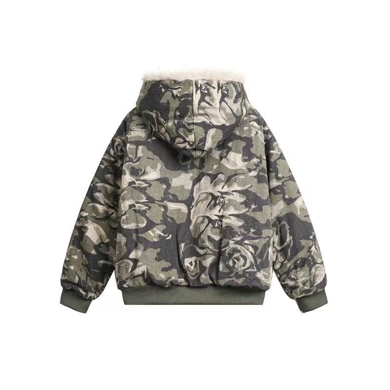 Vintage Camo Fur Collar Hooded Jacket