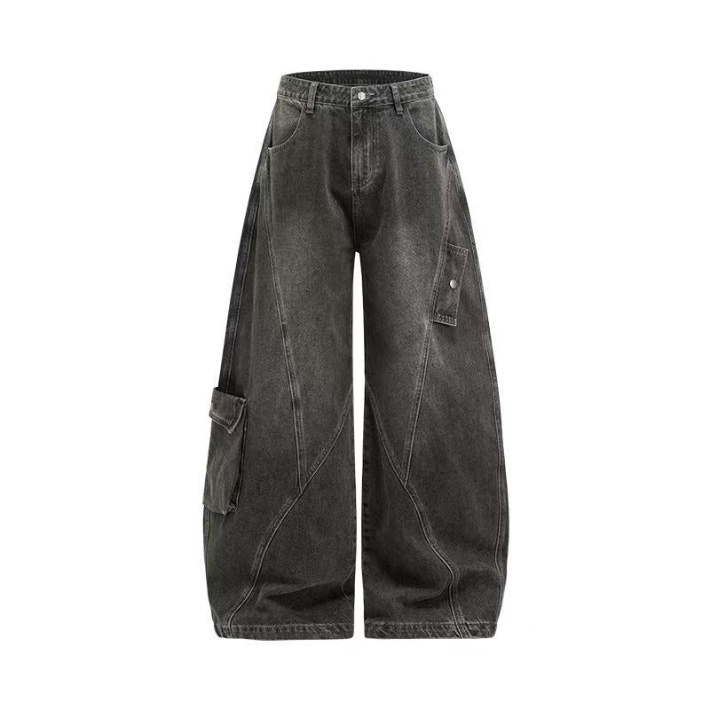 Line-Deconstructed Washed Wide-Leg Baggy Jeans