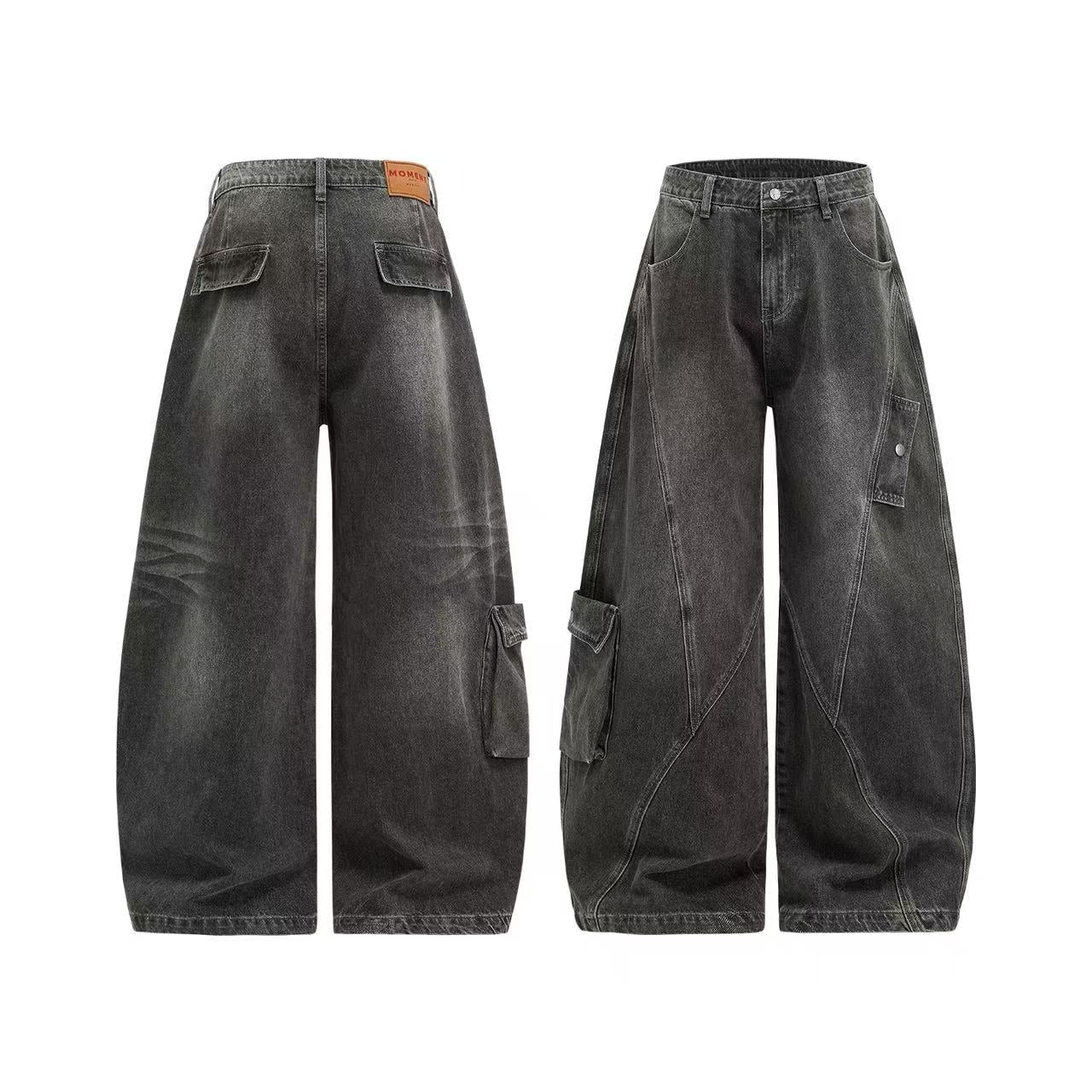 Line-Deconstructed Washed Wide-Leg Baggy Jeans