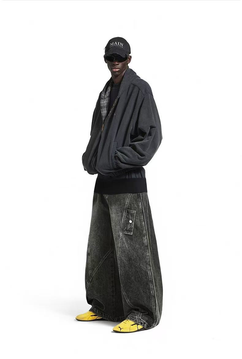 Line-Deconstructed Washed Wide-Leg Baggy Jeans