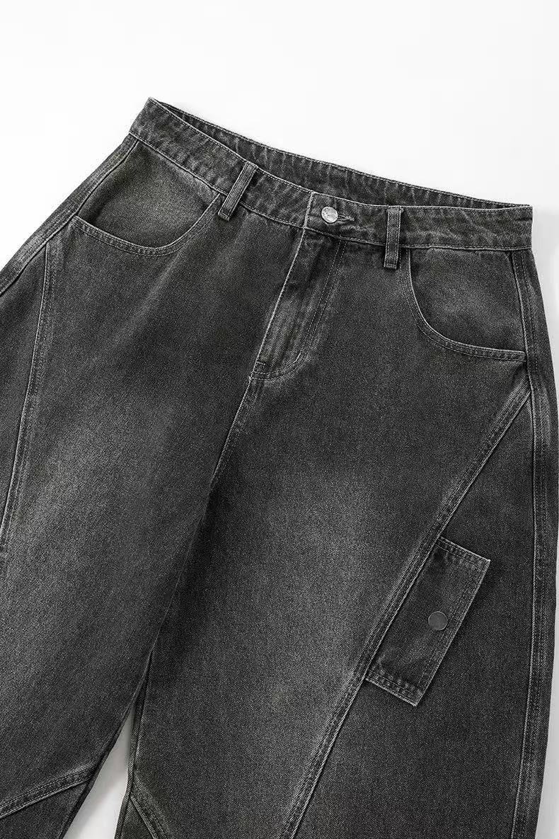 Line-Deconstructed Washed Wide-Leg Baggy Jeans