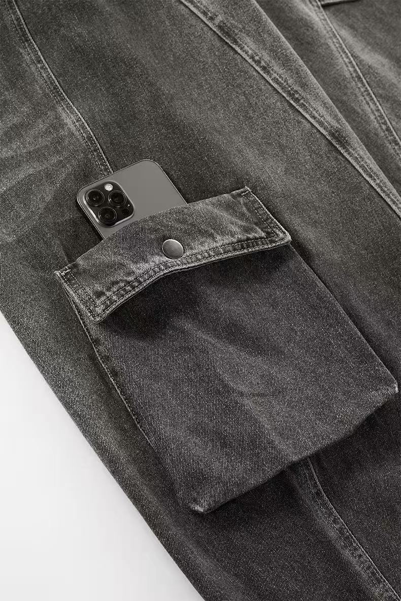 Line-Deconstructed Washed Wide-Leg Baggy Jeans