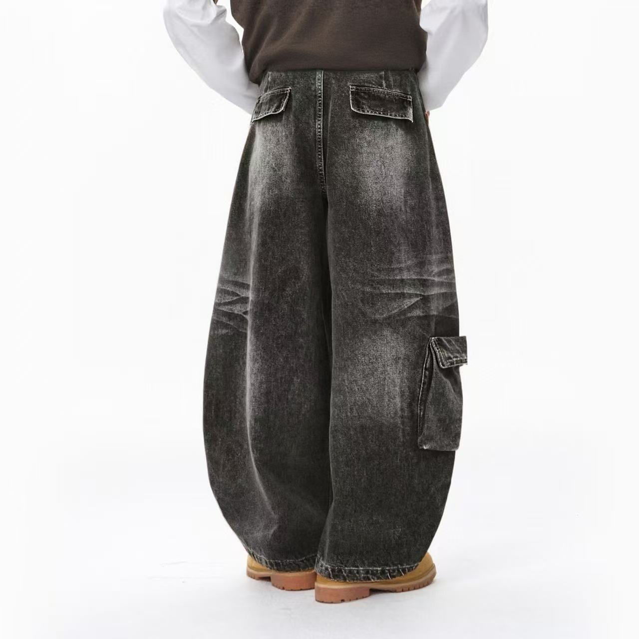 Line-Deconstructed Washed Wide-Leg Baggy Jeans