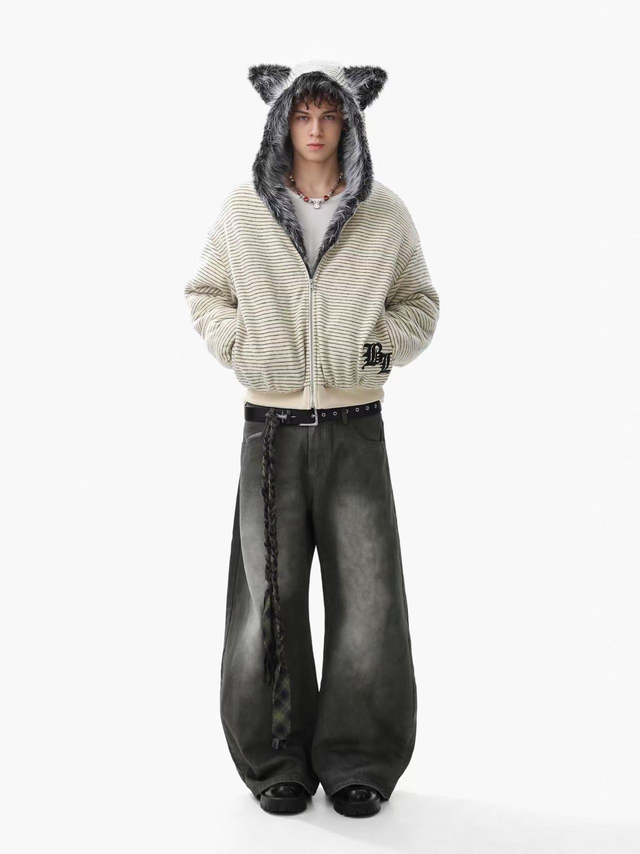 Striped Faux-Fur Collar Hooded Jacket