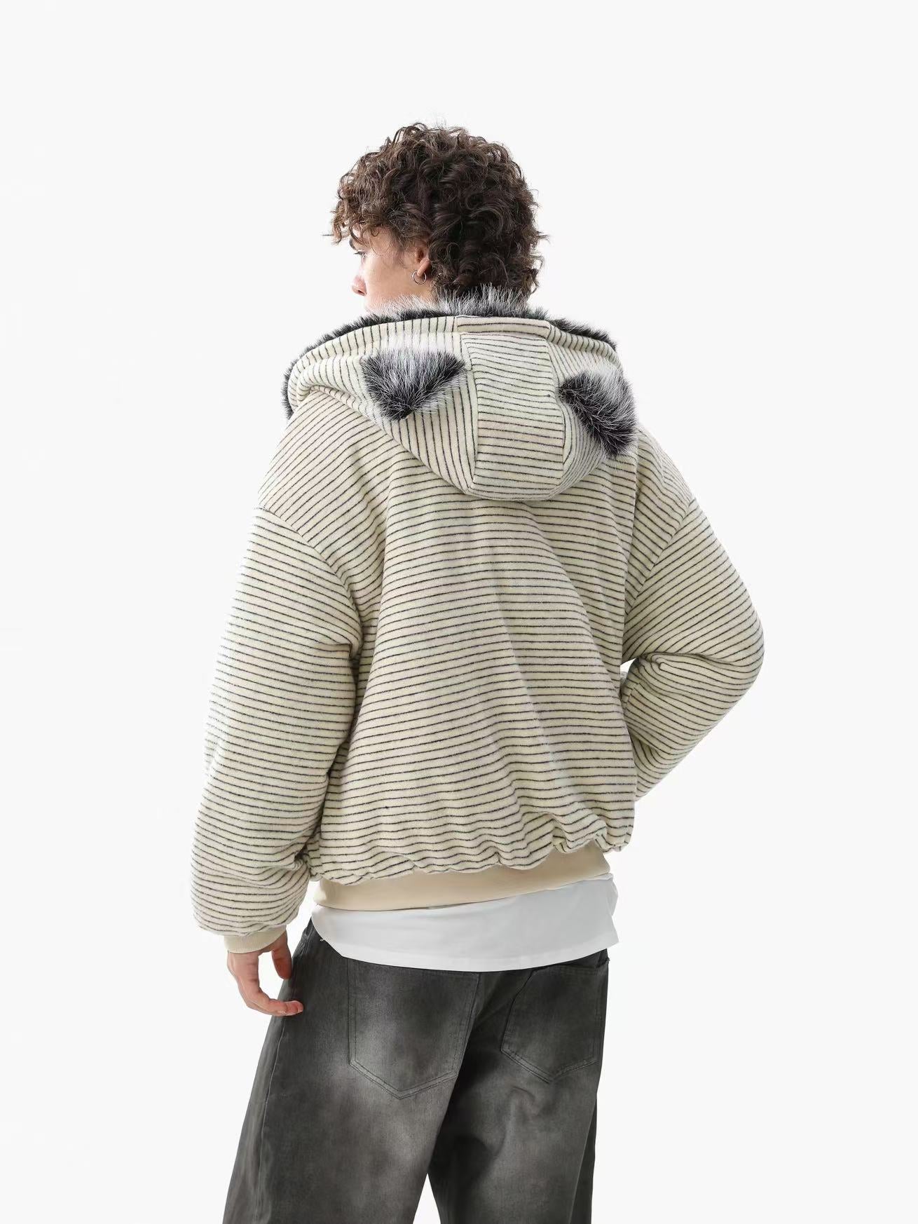 Striped Faux-Fur Collar Hooded Jacket