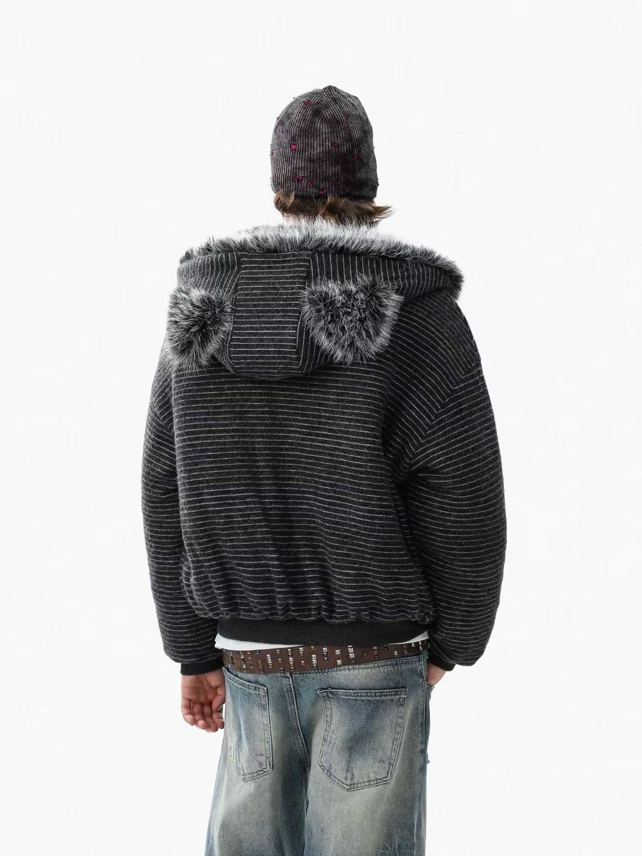 Striped Faux-Fur Collar Hooded Jacket