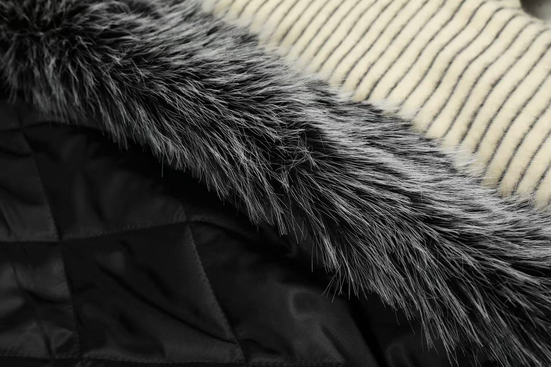 Striped Faux-Fur Collar Hooded Jacket