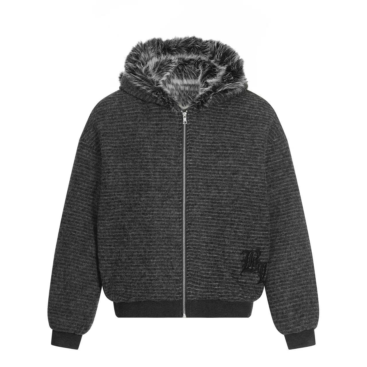 Striped Faux-Fur Collar Hooded Jacket