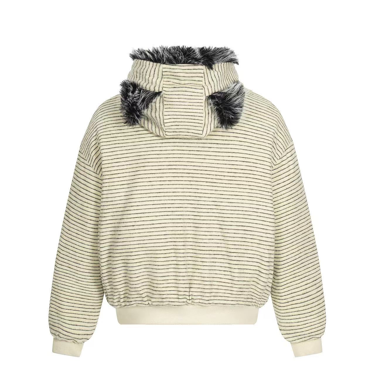 Striped Faux-Fur Collar Hooded Jacket