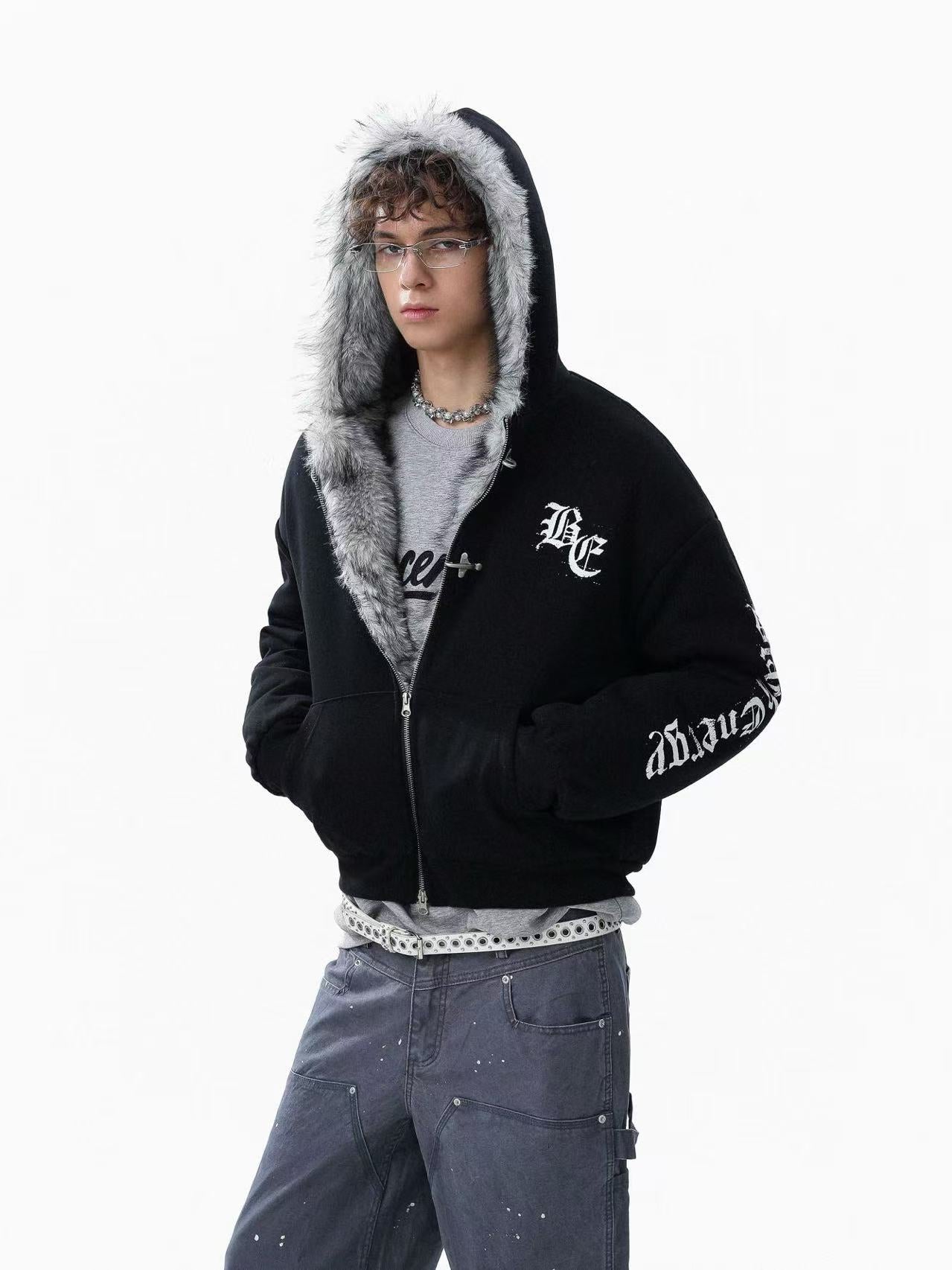 Letter-Print Plush Hooded Jacket